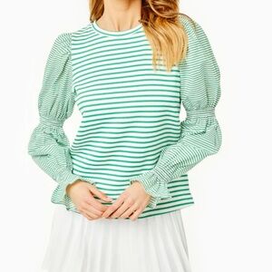 Addison Bay Green and White Striped Puff-Sleeve Crewneck Top